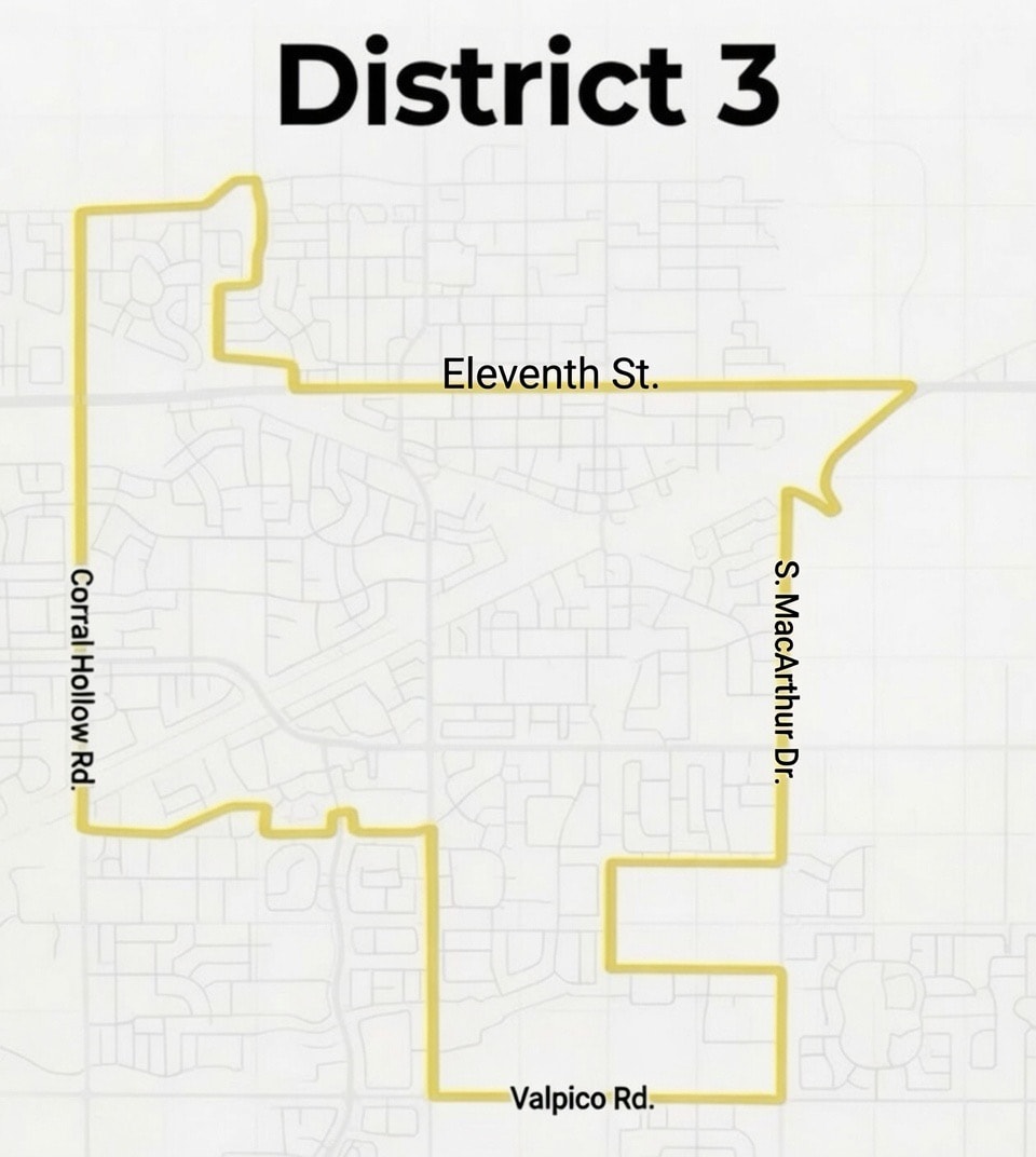 District 3 boundary map showing Eleventh St., Corral Hollow Rd., S. MacArthur Dr., and Valpico Rd.
